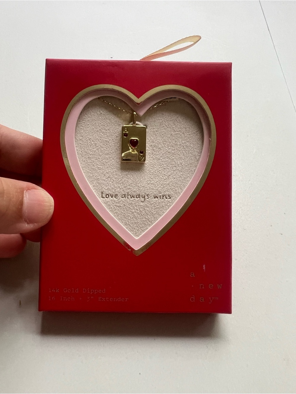 a new day Gold-Dipped Pendant Necklace with Red Heart Accent